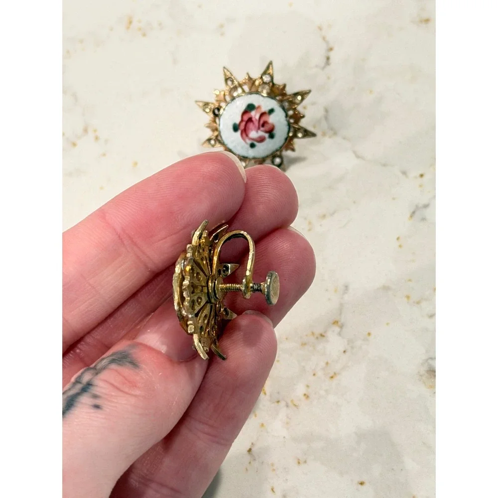Vintage Coro Gold Tone Enamel Rose Rhinestone Sunburst Screw Back Earrings
